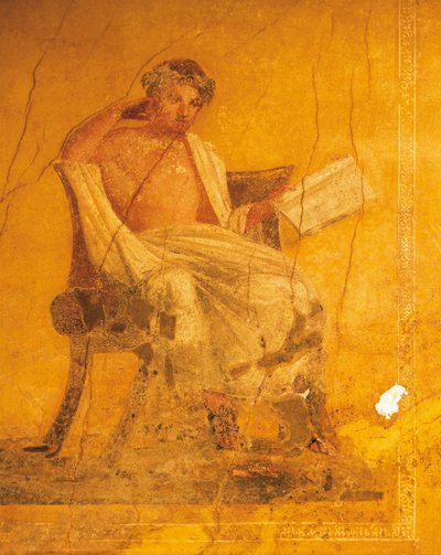 Affresco su sfondo giallo raffigurante il poeta greco Menandro, dalla Casa di Menandro, Pompei, Campania, Civiltà Romana da Roman
