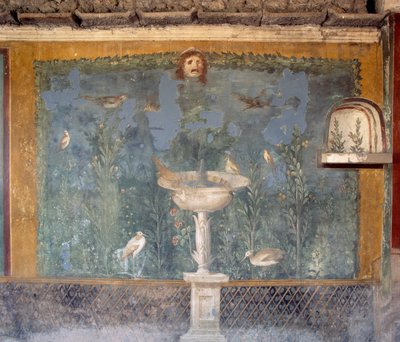 Affresco con fontana, maschera e uccelli, Casa di Venere nella Conchiglia, Pompei (Lista del Patrimonio Mondiale dell