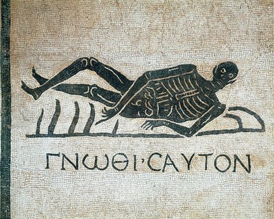 Gnothi seauton (Conosci te stesso memento mori in mosaico dagli scavi nel convento di San Gregorio a Roma, con il motto greco III secolo a.C.) Museo Nazionale Romano (o delle Terme) Roma da Roman