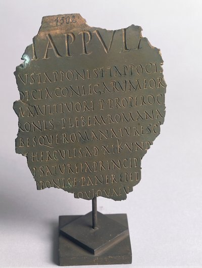 Lex Tappula, frammento di legge satirica redatta da un circolo conviviale di Vercelli, parodia scritta nella stessa forma delle leggi plebiscitarie romane, parte delle leges conviviales tramandate da Festo, bronzo, civiltà romana da Roman
