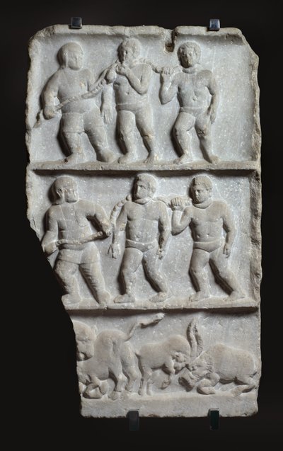 Rilievo in marmo con 3 registri: schiavi in catene e animali da Roman