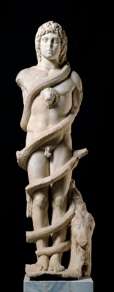 Culto mitraico: rappresentazione della divinità Mitra con Crono, il serpente rotolante, simbolo del tempo. Scultura in marmo del II secolo d.C. Dim. 167 cm Merida, Museo Nacional de Arte Romano da Roman
