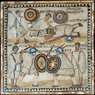 Mosaico che raffigura la lotta tra due equites chiamati Simmachius e Maternus, romano, III secolo d.C. da Roman