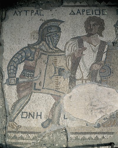 Dipinto di due gladiatori su un muro a mosaico, Kourion, Limassol, Cipro da Roman