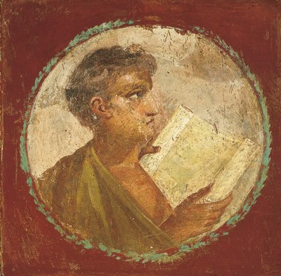 Ritratto di un giovane che tiene un rotolo di papiro, 55-79 d.C. (affresco) da Roman