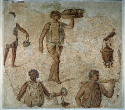 Preparativi per una festa dionisiaca: schiavo che serve un pasto. Mosaico da Cartagine. II secolo d.C. Parigi, Museo del Louvre da Roman