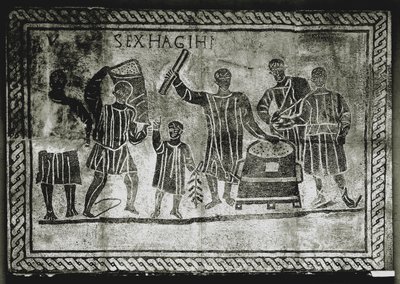 ARTE ROMANA: Misurare il grano (mais). Il sussidio per il grano che Gaio Gracco ..., II secolo d.C. (mosaico) da Roman