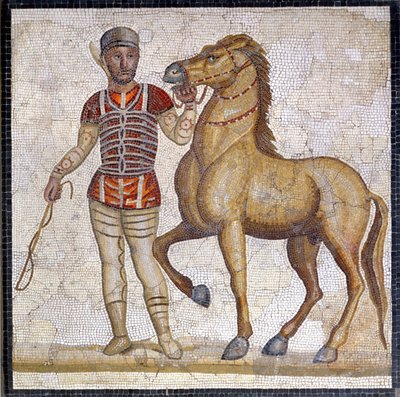Rappresentazione delle quattro fazioni del circo romano: la rossa (factio russata). Le fazioni erano club impegnati in competizioni circensi nell