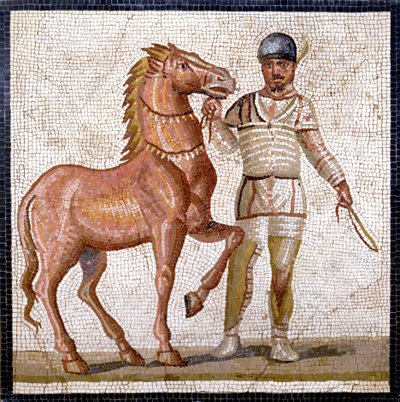 Rappresentazione delle quattro fazioni del circo romano: i bianchi (factio albata). Le fazioni erano club impegnati in competizioni circensi nell