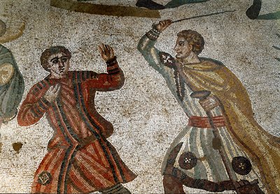 Arte romana: dettaglio del mosaico "La grande caccia" Un aristocratico romano punisce uno dei suoi schiavi con un bastone. 315-350 d.C. Piazza Armerina, Villa Romana del Casale da Roman