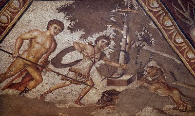 Arte romana: Mosaico delle stagioni dal cortile della villa di Costantino di Daphne che rappresenta due cacciatori (dettaglio) da Roman