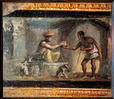 Arte romana: "Il viaggiatore e il mago" Affresco romano dalla villa dei Dioscuri a Pompei. 1° secolo d.C. Conservato al Museo Archeologico Nazionale di Napoli. da Roman