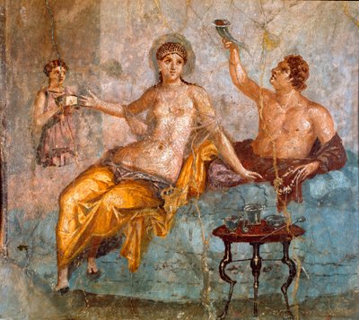 Arte romana: scena di banchetto, un giovane e una cortigiana. Affresco romano del IV stile pompeiano dal sito di Ercolano 60-80 d.C. Dim 65x66 cm da Roman