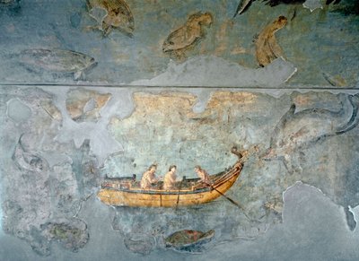 Arte romana: "pescatori su una barca" Affresco da una casa situata vicino a un porto fluviale di Roma. 131 d.C. Roma, Museo Nazionale Romano (o delle Terme) da Roman