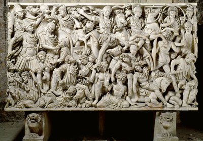 Arte romana: sarcofago Ludovisi con scena di battaglia tra Romani e barbari - III secolo d.C., Dim. 153x273 cm - Roma, Museo Nazionale Romano - Ostiliano, figlio dell