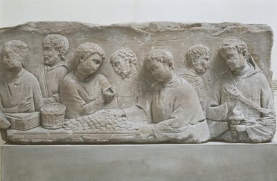 Stele funeraria romana che raffigura una scena di pagamento delle tasse, Neumagen-Dhron, Germania da Roman