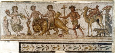 Antichità romana: "Processione dionisiaca" Sileno cavalca un cammello, una menade suona uno strumento. Mosaico da El Jem (Thysdrus). III secolo d.C. El Djem (Thysdrus), museo archeologico da Roman