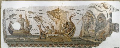 Antichità romana: Ulisse sulla sua barca resiste al canto delle Sirene (Odissea di Omero). Mosaico. 250-270 d.C. Tunisi, Museo nazionale del Bardo da Roman