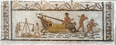 Antichità romana: scarico di un carico di legna da una nave e pesatura del piombo (mosaico proveniente da Sousse in Tunisia) da Roman