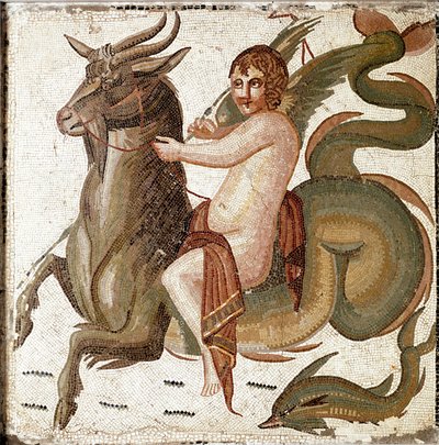 Arte romana: Cupido che cavalca una creatura marina. Mosaico da una villa della famiglia dell