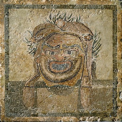 Arte romana: maschera teatrale romana. Mosaico da Ampurias (Empurias). II secolo d.C. Spagna, Museo di Ampurias da Roman