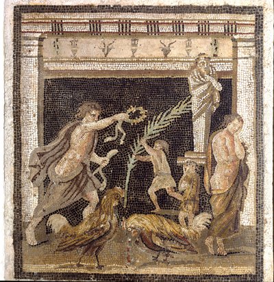 Arte romana: combattimento di galli in una palestra alla presenza delle personificazioni di Sconfitta e Vittoria da Roman
