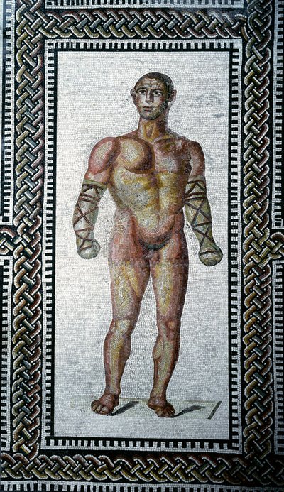 Arte romana: gladiatore. Mosaico pavimentale dalle Terme di Caracalla. 212 d.C. Roma, Museo Nazionale Romano (o delle Terme) da Roman