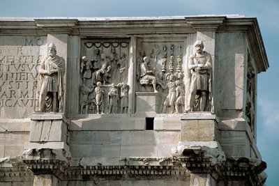 Rilievo in marmo rappresentante la distribuzione di sussidi al popolo e la resa di un capo barbaro da Roman