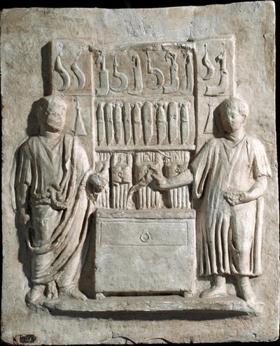 Arte romana: bassorilievo della stele funeraria di Lucio Cornelio Atimeto, posate. I secolo d.C. Da Villa Massimo, Roma. Roma, Museo della Civiltà Romana da Roman