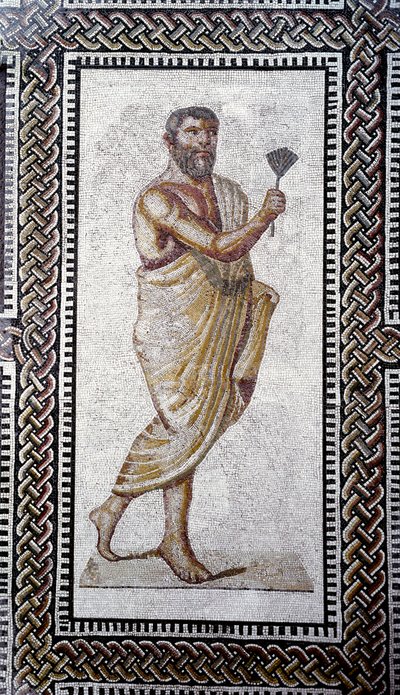 Arte romana: uomo con tetto. Mosaico pavimentale dalle Terme di Caracalla. 212 d.C. Roma, Museo Nazionale Romano (o delle Terme) da Roman