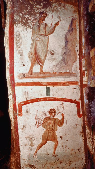 Arte romana: miracolo della fonte e miracolo della guerra del paralitico. Affreschi. Fine del III secolo d.C. Roma, catacombe di San Marcellino e Pietro da Roman
