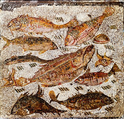 Arte romana: mosaico che rappresenta pesci. 1° o 2° secolo d.C. Dalla Villa dei Settimii sulla Via Cassia da Roman