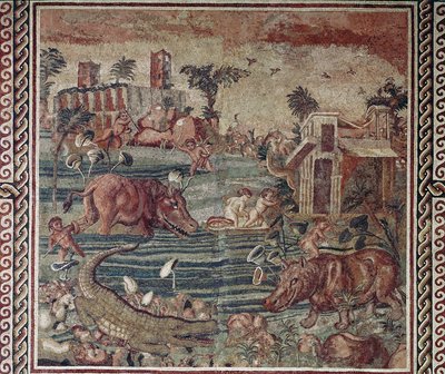 Arte romana: mosaico paesaggio del Nilo da una villa sul colle Aventino, Roma 1°-2° secolo. Roma, Museo Nazionale Romano in Palazzo Massimo, Inv 171 da Roman