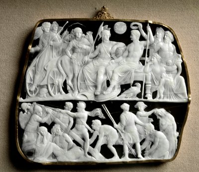 Arte romana: cammeo in onice realizzato dallo scultore Dioscuride su due livelli. In alto l