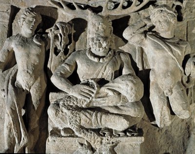 Arte romana: il dio gallico di origine celtica Cernunnos rappresentato tra Apollo e Mercurio. Da Reims. I secolo d.C. Roma, Museo della Civiltà Romana da Roman