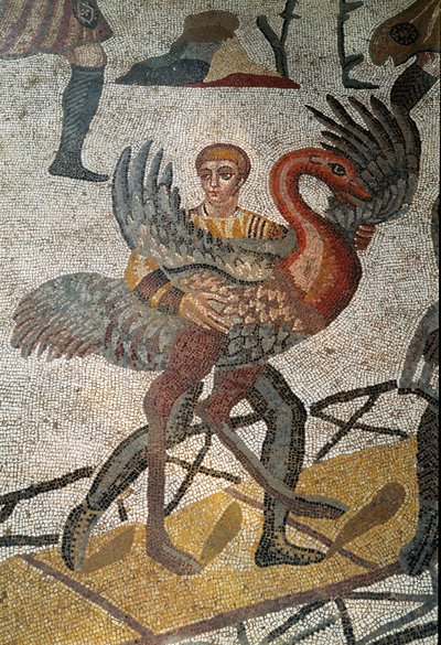 Arte romana: il trasporto di struzzi su navi inviati a Roma. Dettaglio del mosaico di "La piccola battuta di caccia" 315-350 d.C. Piazza Armerina, Villa Romana del Casale da Roman
