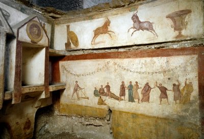 Arte romana: giovani che giocano. Affreschi che decorano una tomba della Via Portuense. II secolo. Roma, Museo Nazionale Romano da Roman