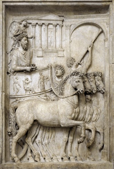 Imperatore romano Marco Aurelio sul suo carro trionfale, II secolo da Roman