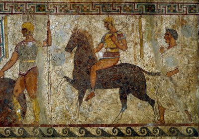Guerrieri e cavaliere sanniti. Dipinto tombale del IV secolo a.C., dal sito di Paestum, Italia. Affresco. Dim: 112x199cm. Inv. 9363. Museo Archeologico Nazionale, Napoli da Roman