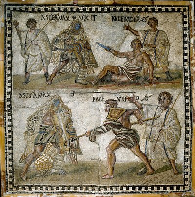 Scena di combattimenti tra gladiatori, tra un retiario e un secutor, IV secolo (mosaico) da Roman