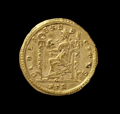 Solido (rovescio) di Costantino I, il Grande (306-337 d.C.) raffigurante Fides seduta a sinistra sul trono. Iscrizione: FIDES EXERCITVS da Roman
