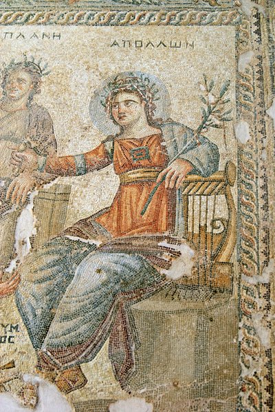 Il mosaico di Apollo e Marsia, (dettaglio) di Plinio e Apollo, Casa di Aion, Paphos, Cipro da Roman