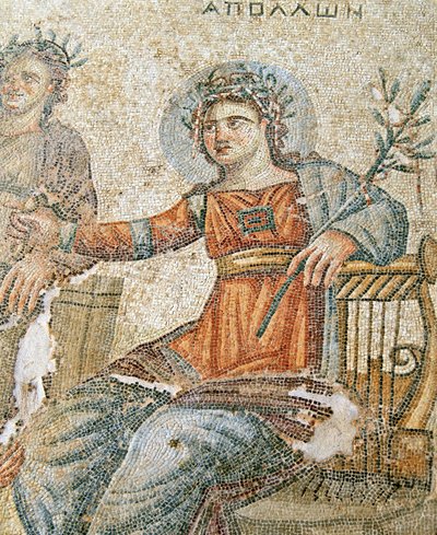 Il mosaico di Apollo e Marsia, (dettaglio) di Plinio e Apollo, Casa di Aion, Paphos, Cipro da Roman