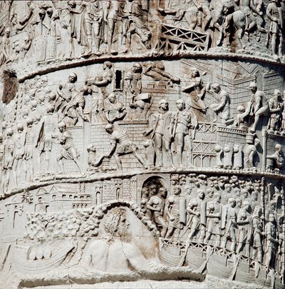 Le legioni romane salpano ad Ancona sotto la protezione di Nettuno, in alto costruzione di fortificazioni (dettaglio) da Roman