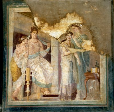 Scena di toilette e abbigliamento di una signora: Schiave che acconciano una ragazza. Da Ercolano (Affresco) da Roman