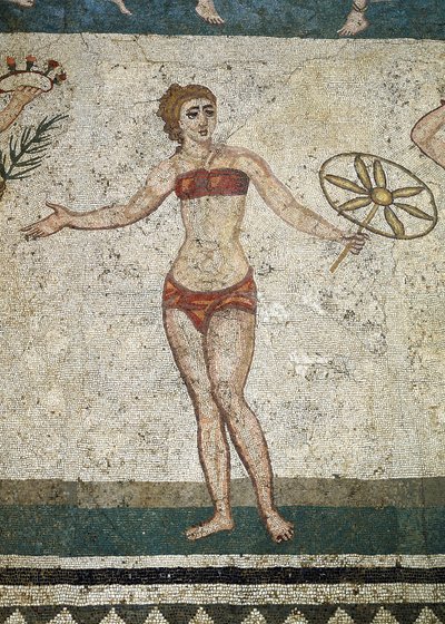 Giovane romano impegnato in esercizi fisici (dettaglio di mosaico, 315-350 d.C.) da Roman