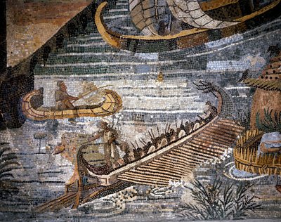 Una bireme romana (sorta di galea a due file) (dettaglio) di un mosaico a Palestrina da Roman Roman