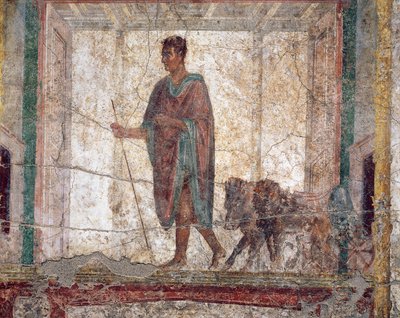 Antico affresco romano con cinghiale e leone aggiogati a un carro da Roman Roman