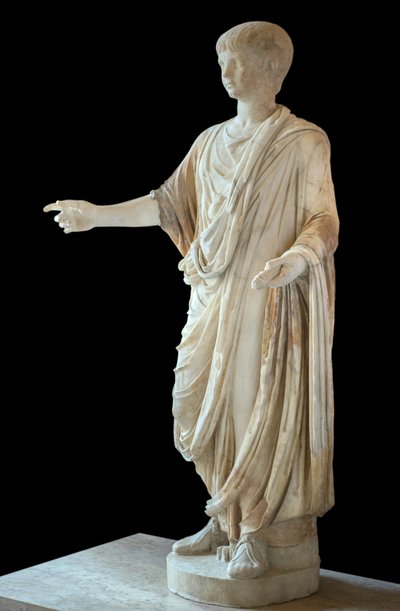 Arte romana Bambino vestito con la toga e indossando la bolla (bulla), la testa è quella di Nerone bambino da Roman Roman