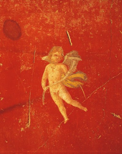 Cherubino su sfondo rosso pompeiano, affresco in Quarto Stile Pompeiano, dalla Casa di Pinario Ceriale, Pompei, Campania, Civiltà Romana da Roman Roman